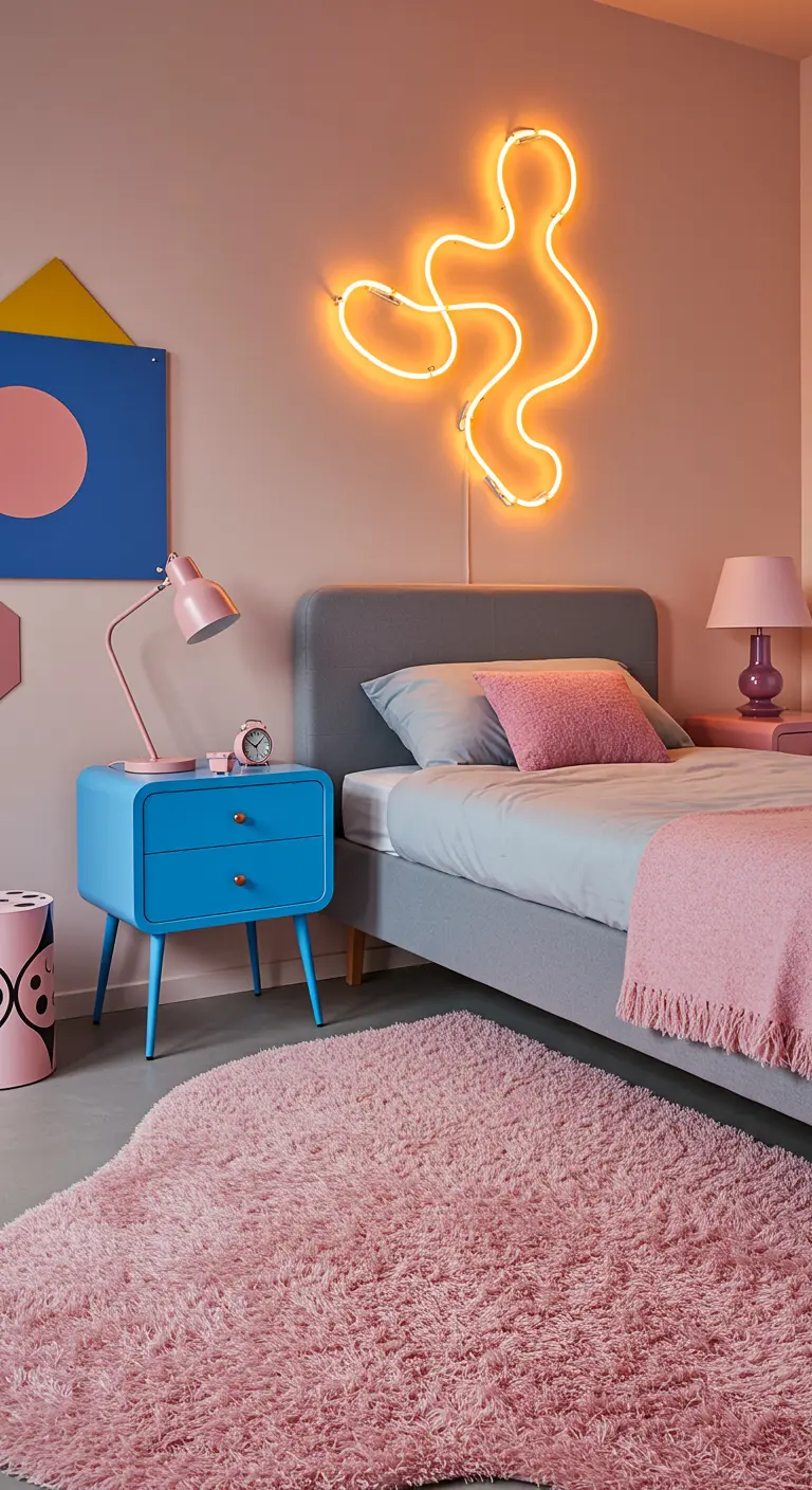 Kleurrijke slaapkamer met een organisch gevormde neonlamp, een roze vloerkleed en blauw nachtkastje.