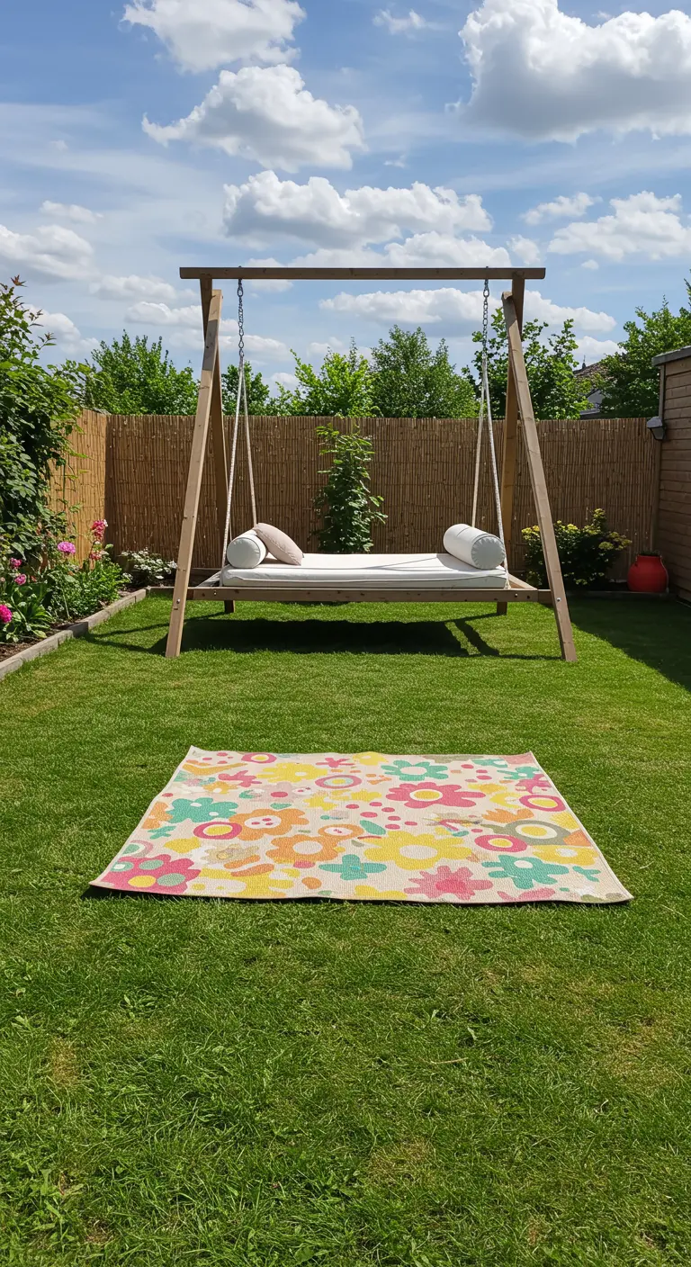 Moderne houten schommelbank in een tuin met een kleurrijk, grafisch speelkleed.