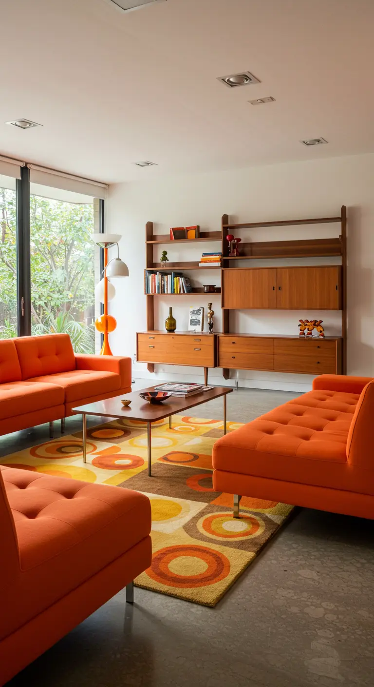 Oranje zitmeubels met orbit-patroon vloerkleed, walnoot wandmeubel en chromen salontafel.