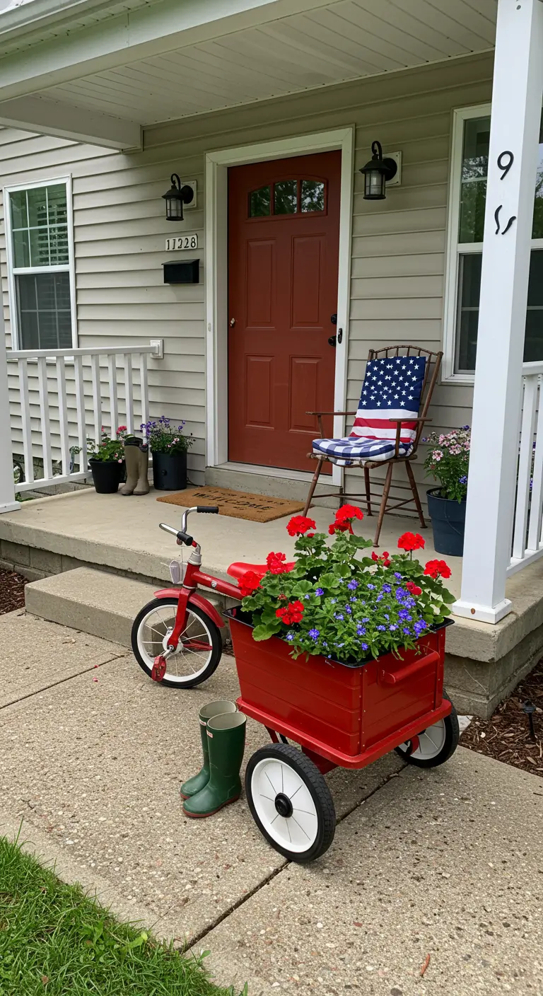 Rode driewieler met een bak vol rode en paarse bloemen, staat bij de voordeur van een huis.