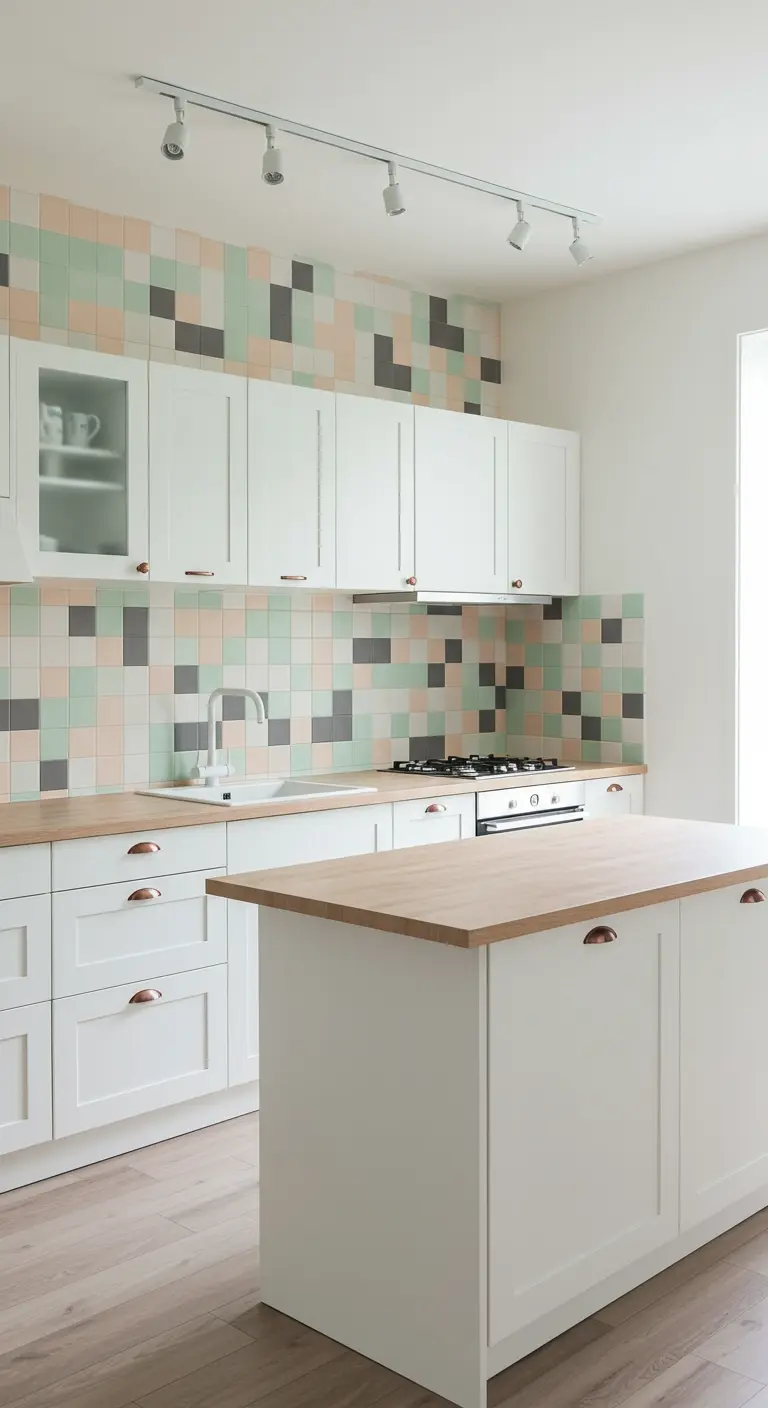 Witte keuken met een tegelwand van kleine pastelkleurige vierkante tegels.