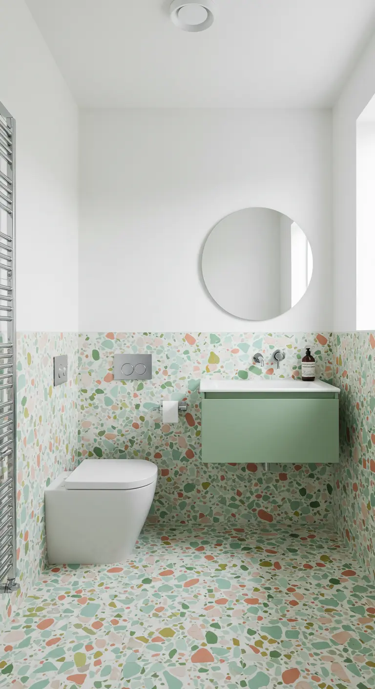 Badkamer met terrazzo vloer en wand met roze en groene spikkels en een mintgroen wasbakje.