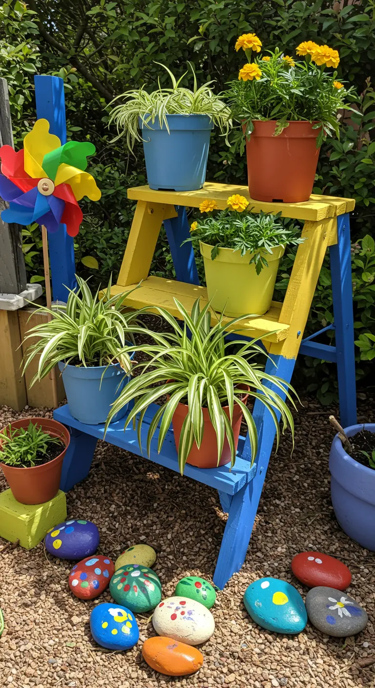 Klein, blauw-geel geverfd trappetje met planten, een windmolen en beschilderde stenen in een tuin.
