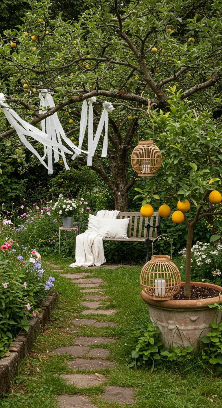 Wilde tuin met een bankje, rotan lantaarns en witte linten die in een boom hangen.