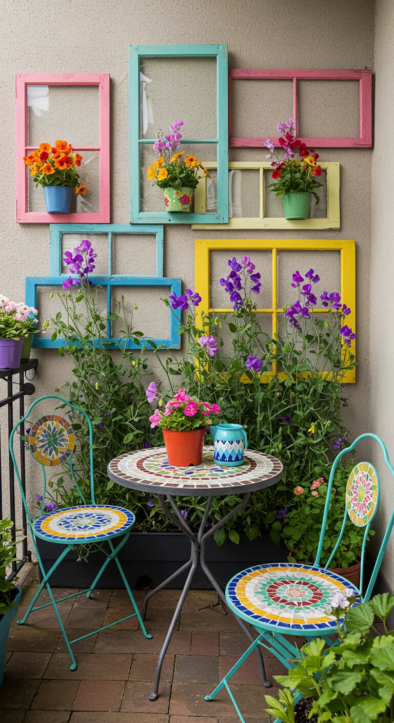Kleurrijk geschilderde oude raamkozijnen aan een muur met bloempotten.
