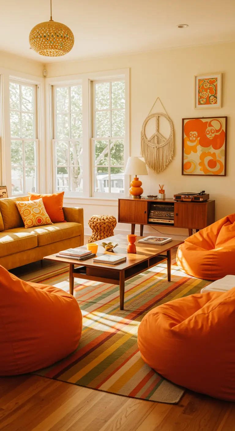 Lichte woonkamer met oranje zitzakken, gestreept vloerkleed, gele bank en vintage decoraties.