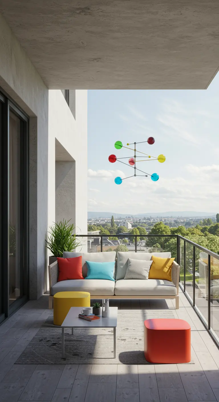 Balkon met comfortabele bank en kleurrijke kussens, boven de reling hangt een vrolijke mobiel met gekleurde glazen bollen.