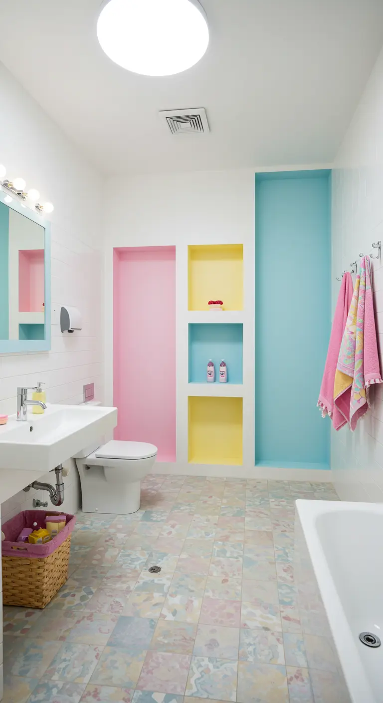 Witte badkamer met ingebouwde nissen die in verschillende pastelkleuren zijn geschilderd.