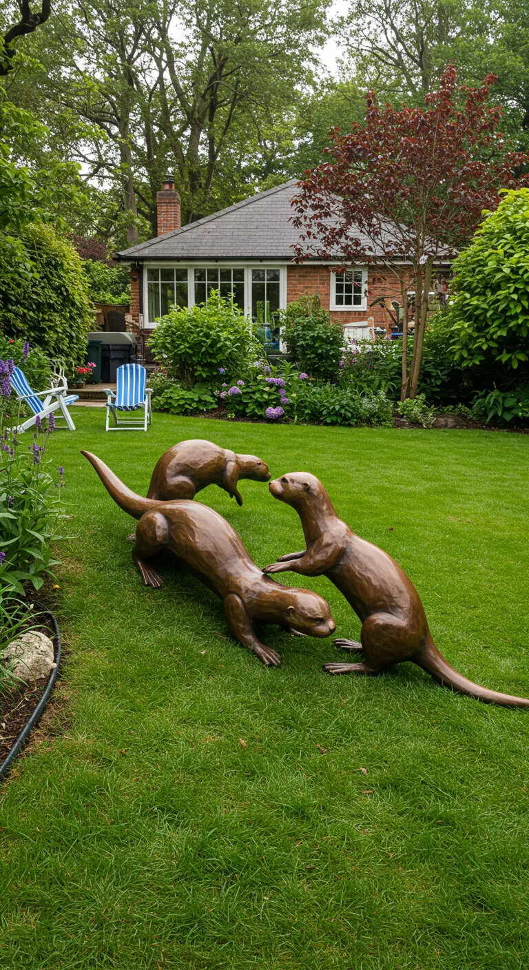 Drie bronzen beelden van spelende otters op een groen gazon.