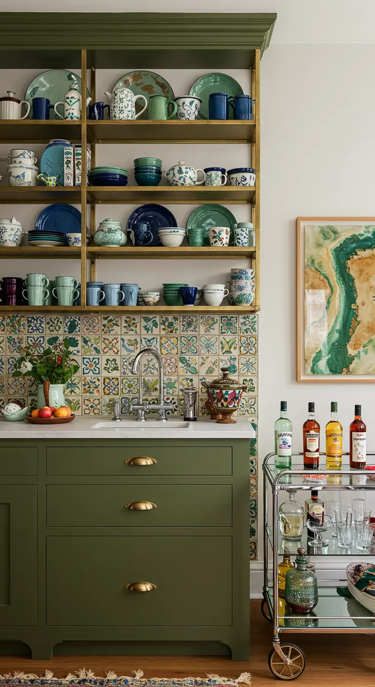 Matte groene kasten met patroon tegel backsplash, gouden planken en kleurrijk glaswerk.