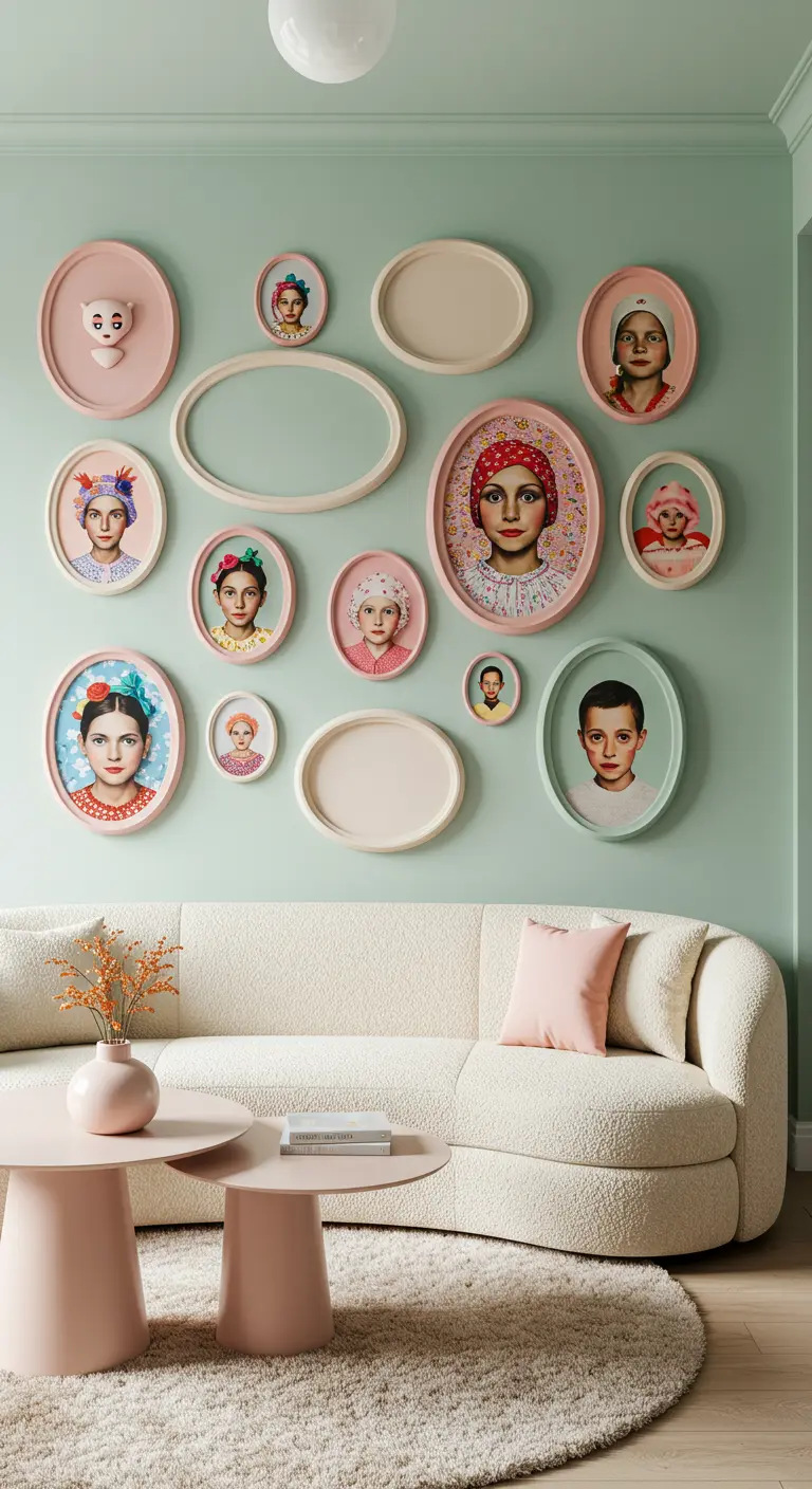 Galerijmuur met portretten in pastelkleurige ovale lijsten, gemixt met lege lijsten.