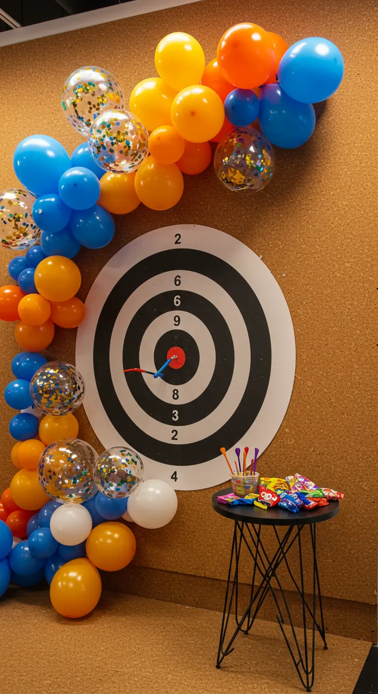 Groot dartbord aan de muur, omringd door een kleurrijke ballonslinger.