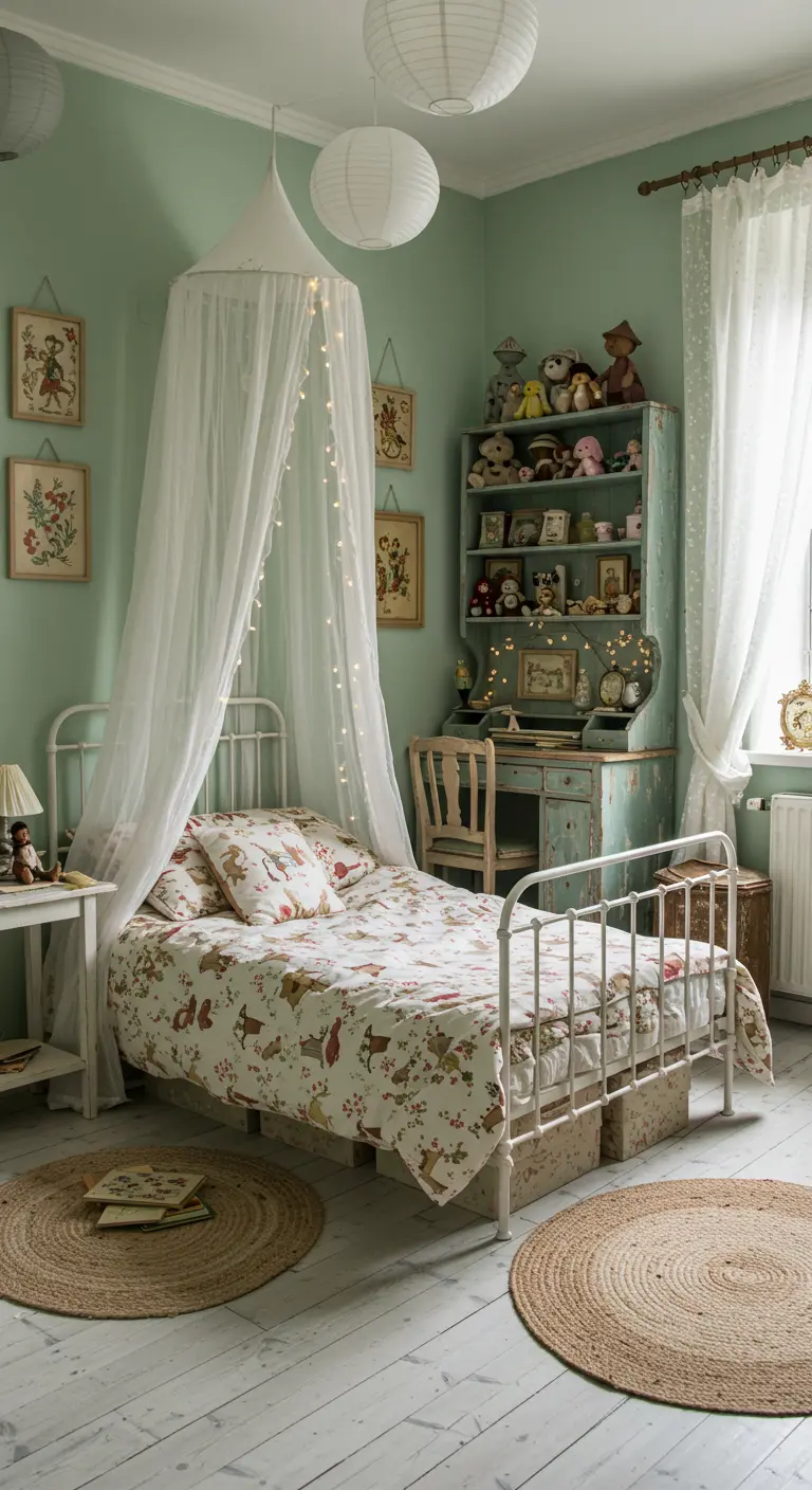 Kinderkamer in mintgroen met hemelbed en verzameling knuffels.