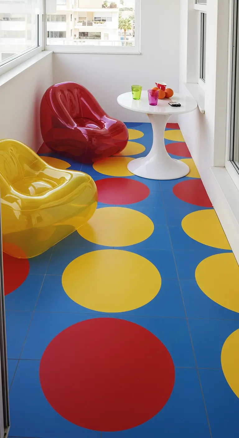 Balkon met een blauwe vloer met grote rode en gele stippen en kleurrijke opblaasstoelen.