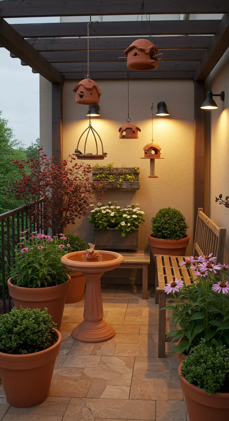 Balkon met vogelbadje, vogelhuisjes en potten in terracotta, naast een houten bankje.