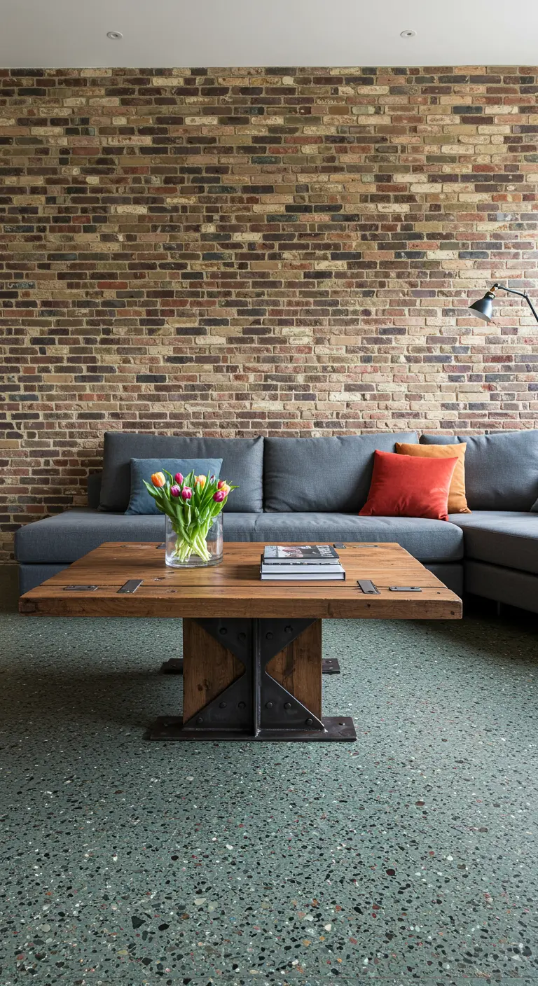 Woonkamer met bakstenen muur en een opvallende groene terrazzo vloer.