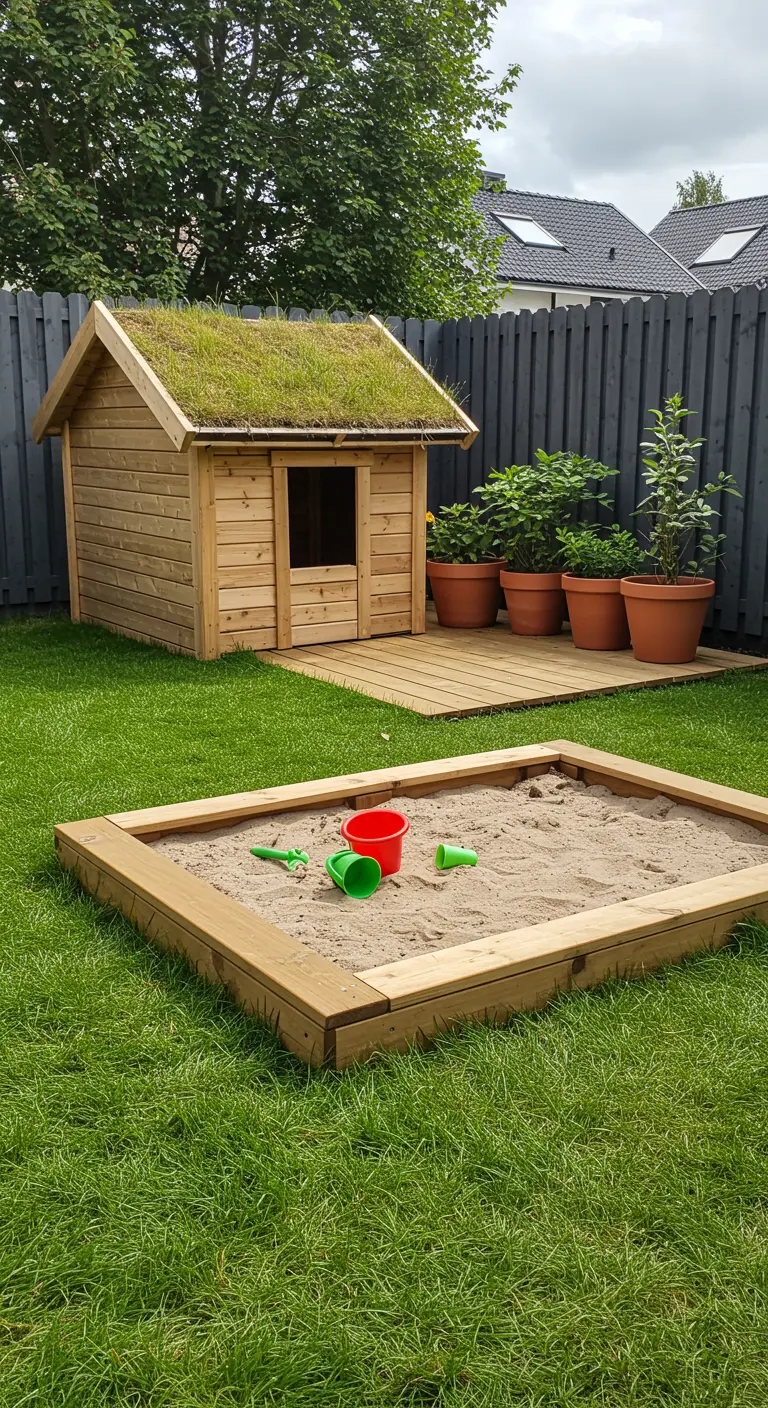 Stijlvolle achtertuin met een houten speelhuisje met groen dak en een zandbak.