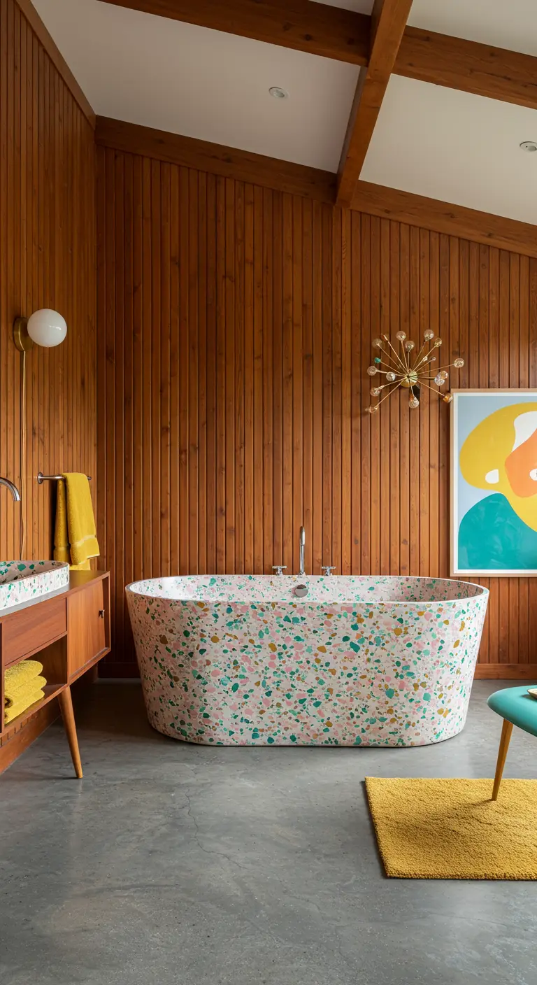 Ovaal bad met kleurrijk terrazzo-patroon in een badkamer met houten schroten en retro-accenten.
