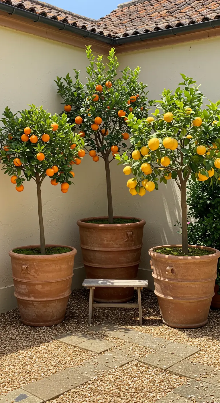 Drie citrusbomen in terracotta potten op verschillende hoogtes in een zonnige hoek.