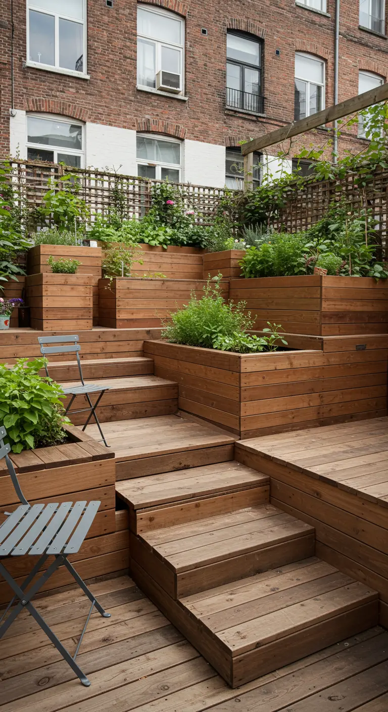 Houten terras met meerdere niveaus, trappen en ingebouwde plantenbakken.