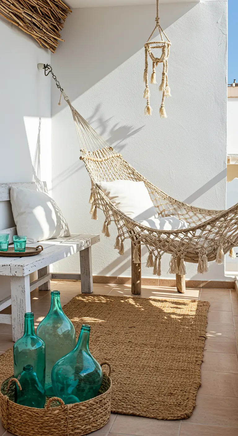 Balkonhoek met macramé hangmat, jute kleed en een mand vol turquoise glasflessen.
