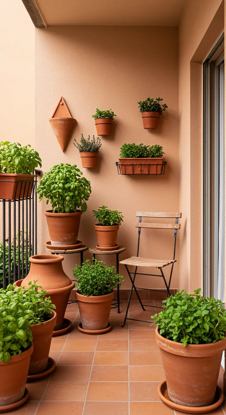 Balkonhoek met terracotta potten op verschillende hoogtes tegen een perzikkleurige muur.