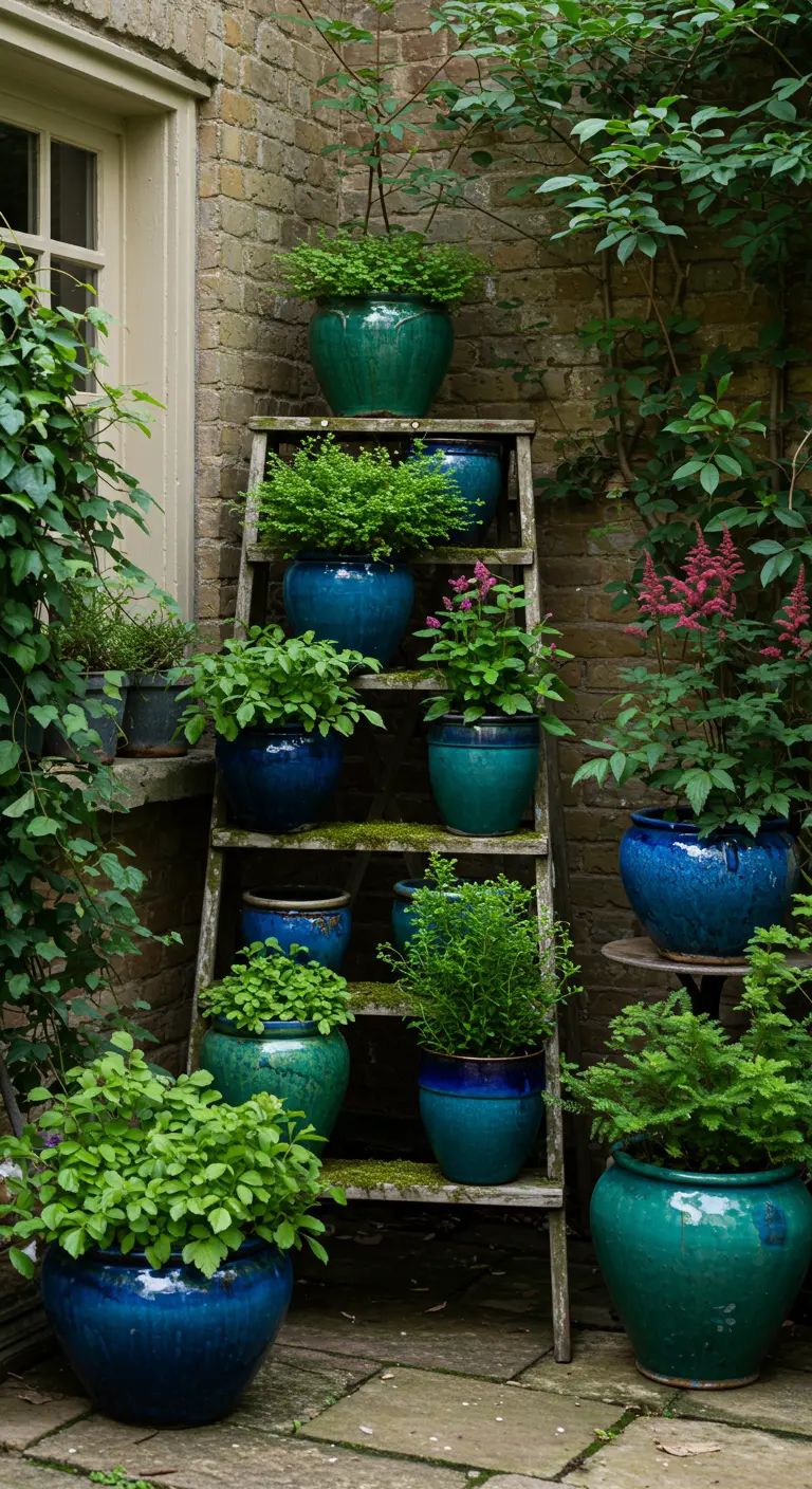 Houten ladder met een collectie planten in geglazuurde potten in verschillende blauw- en groentinten.