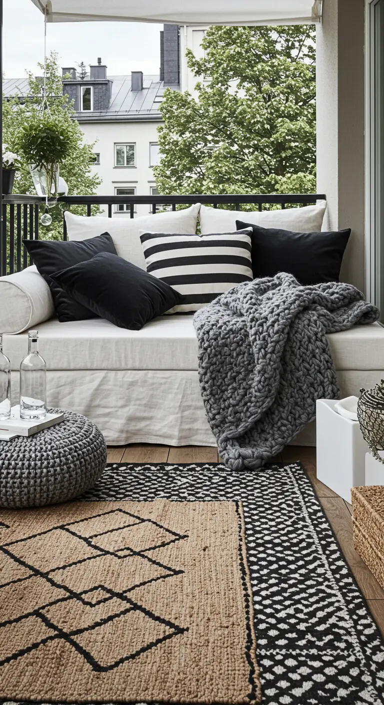 Knus balkon met een wit daybed, veel kussens, een grijs plaid en gelaagde vloerkleden.
