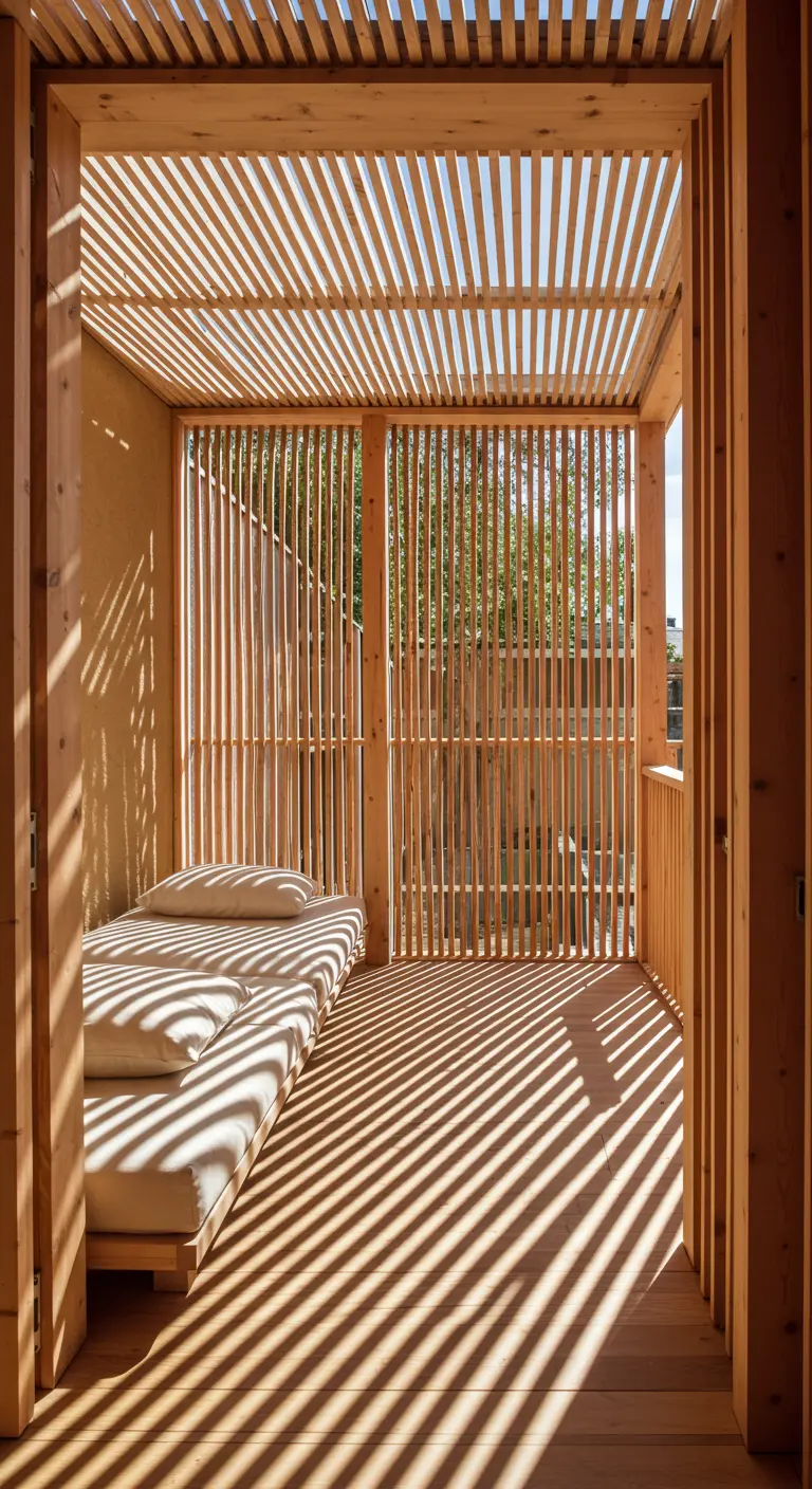 Balkon met overkapping en wanden van houten latten die strepen zonlicht doorlaten.