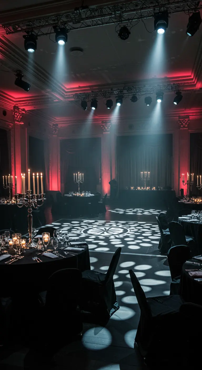 Donkere feestzaal met op de vloer geprojecteerde lichtcirkels en tafels met kaarslicht.