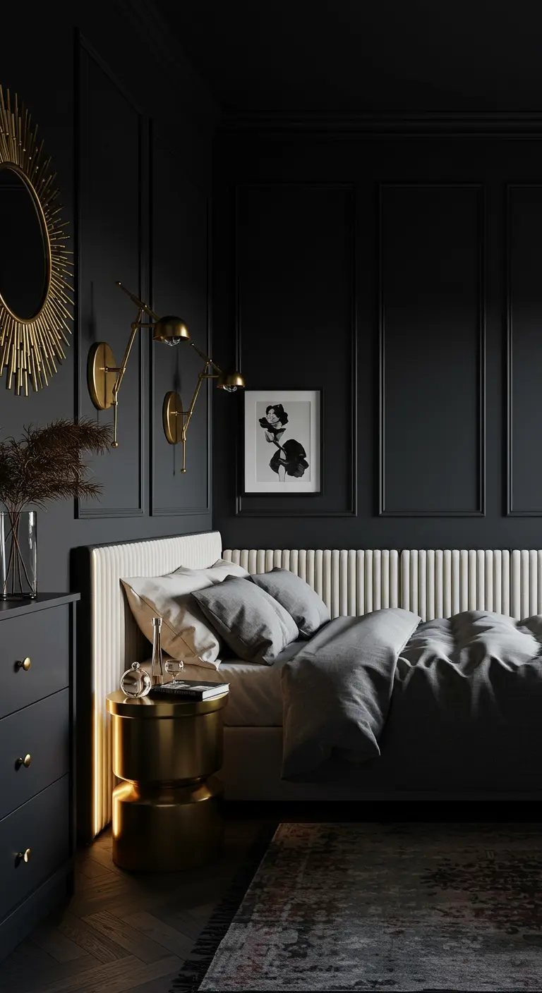 Donkere slaapkamer met een geribbeld hoofdbord, gouden wandlampen en een rond gouden nachtkastje.