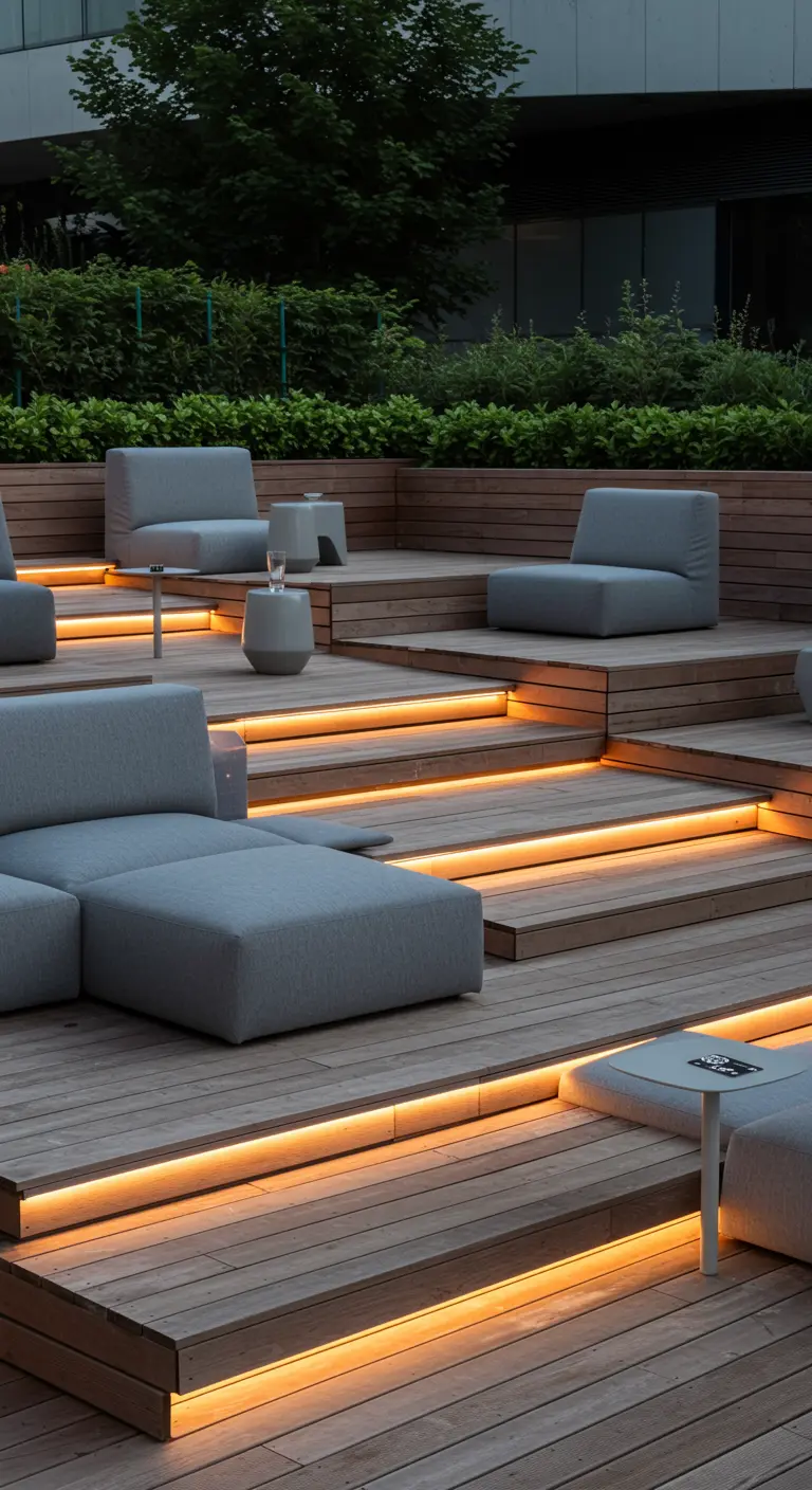 Houten terras met verschillende niveaus en geïntegreerde ledverlichting, met grijze lounge-elementen.