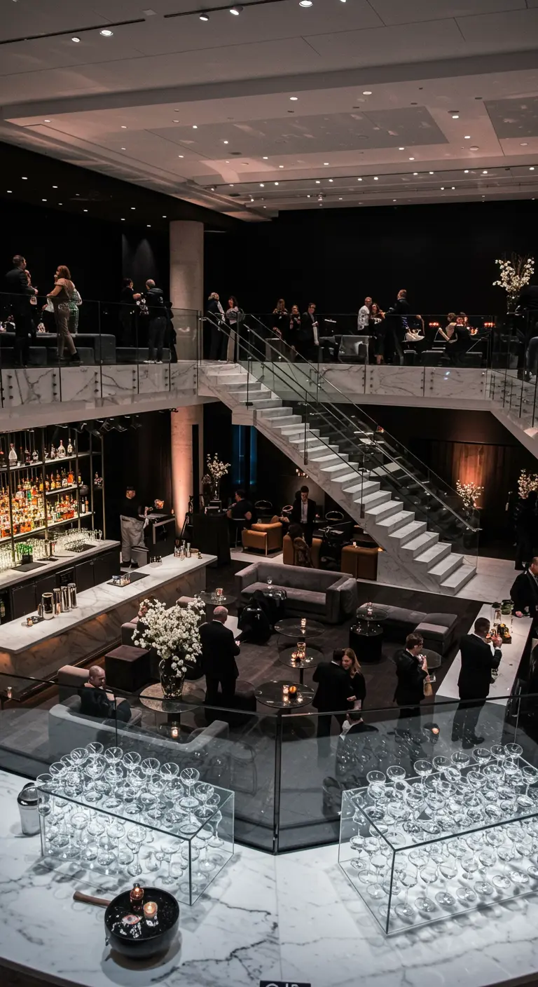 Moderne, multi-level feestlocatie met marmeren barren en een glazen trap.