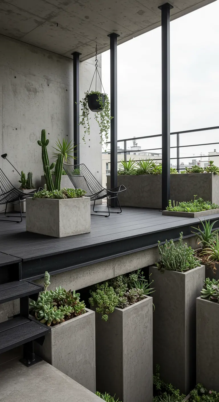 Balkon met meerdere niveaus, een stalen frame en betonnen plantenbakken.
