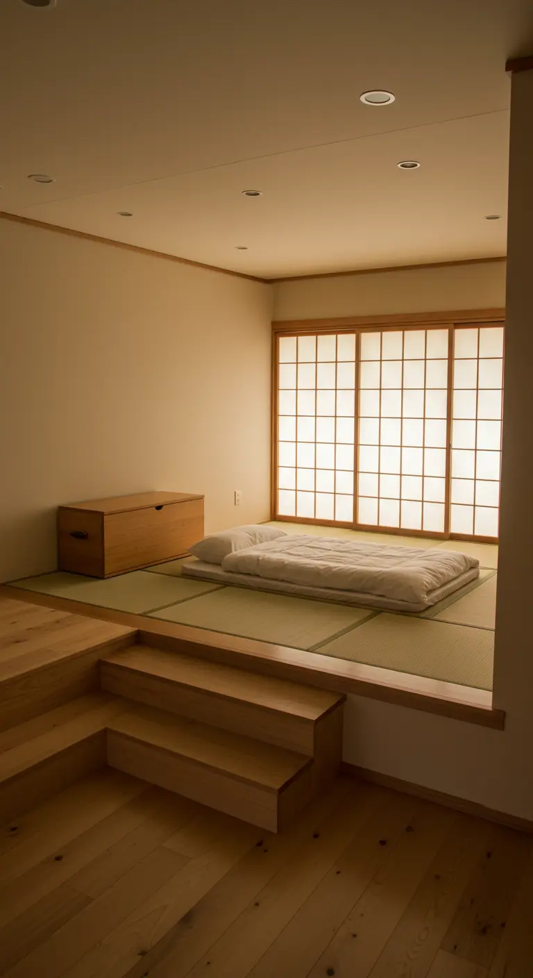 Slaapkamer met een verhoogd slaapplatform met tatami-matten en een kleine houten trap.