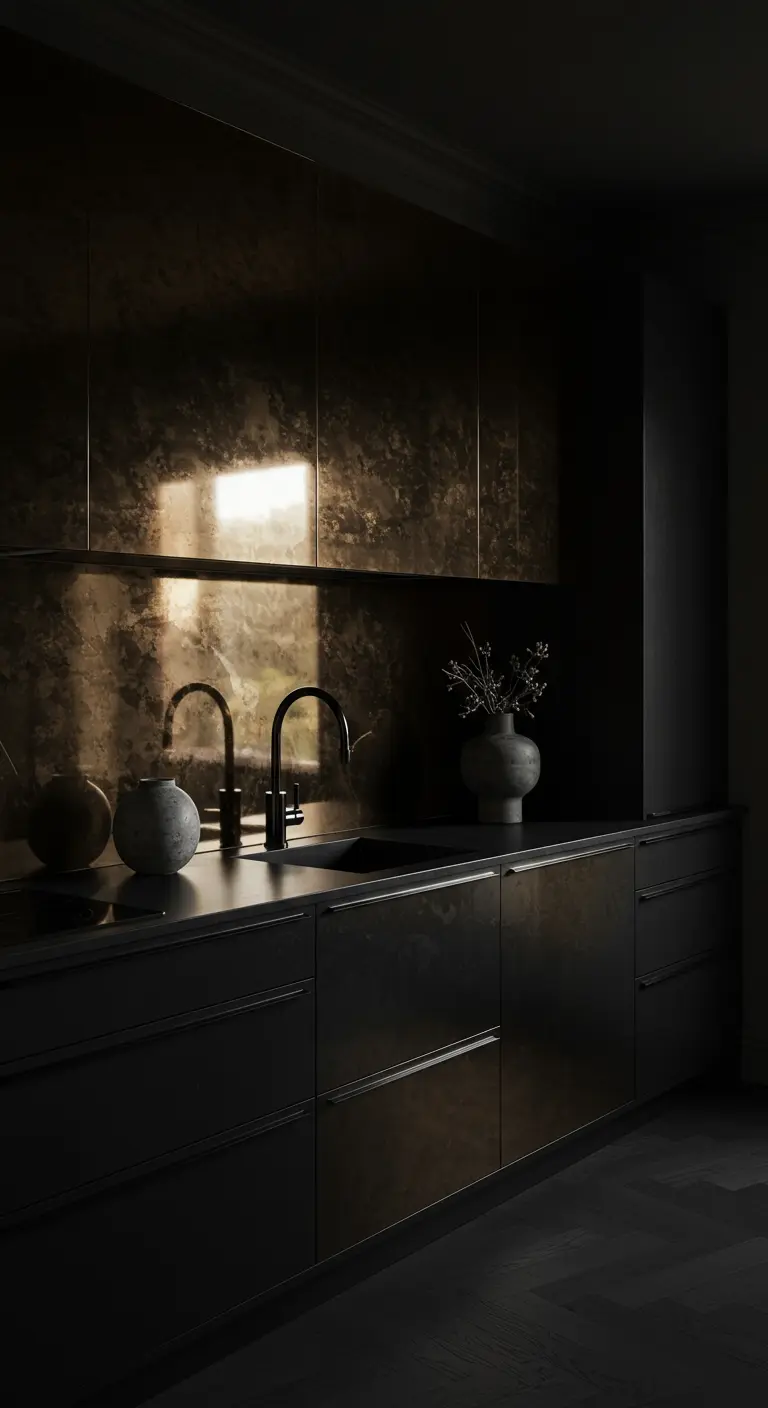Sfeervolle zwarte keuken met glanzende, bronskleurige kasten die het licht reflecteren.