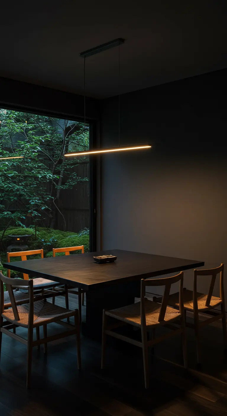 Donkere eetkamer met strakke verlichting en uitzicht op een Japanse tuin.