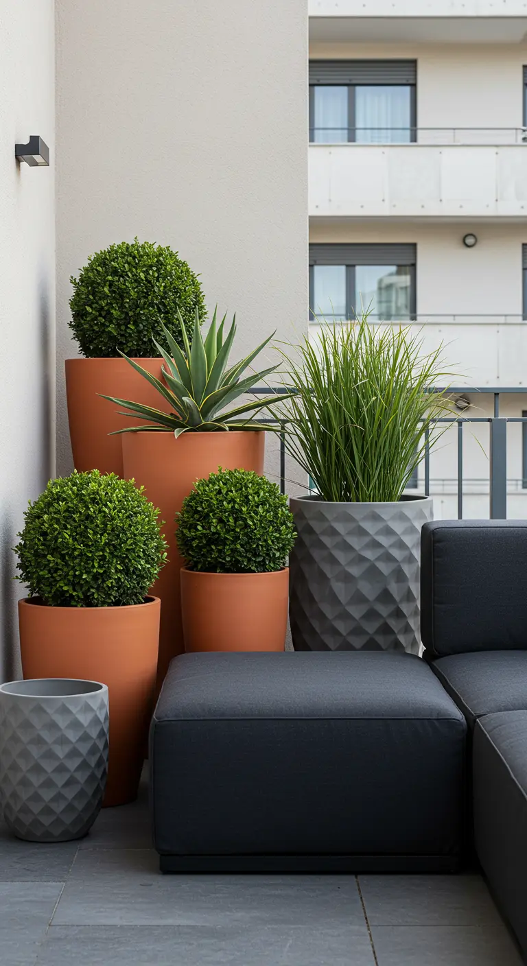 Modern balkon met een mix van terracotta en grijze geometrische potten met buxusbollen.