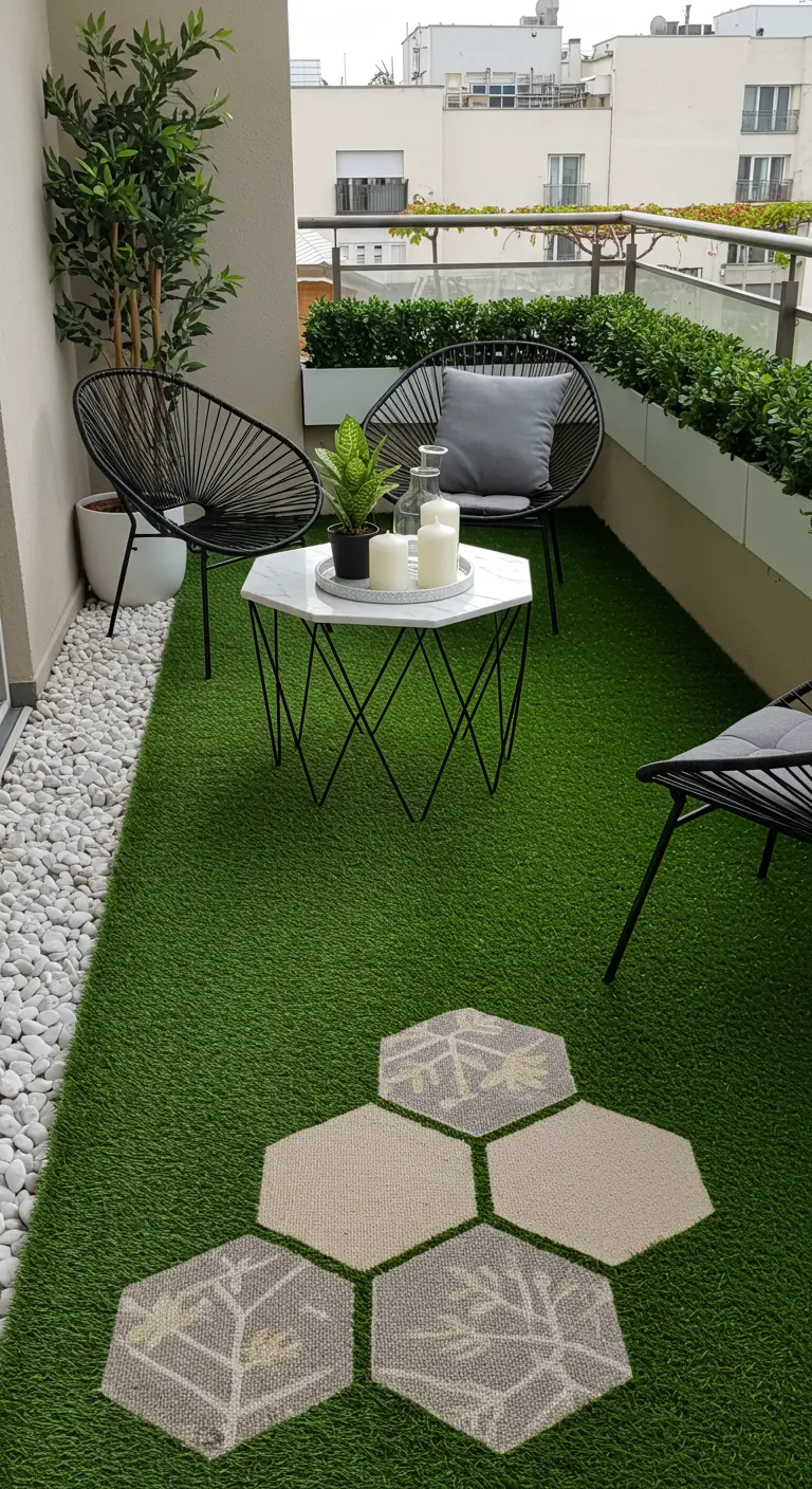Smal balkon met kunstgras, een rand van witte kiezels en decoratieve zeshoekige tegels.