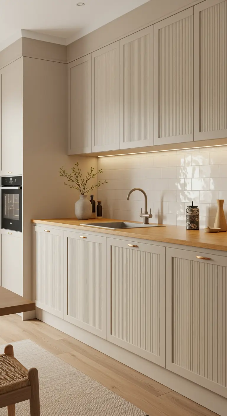 Keuken met geribbelde beige kasten, licht houten werkblad en witte metrotegels.