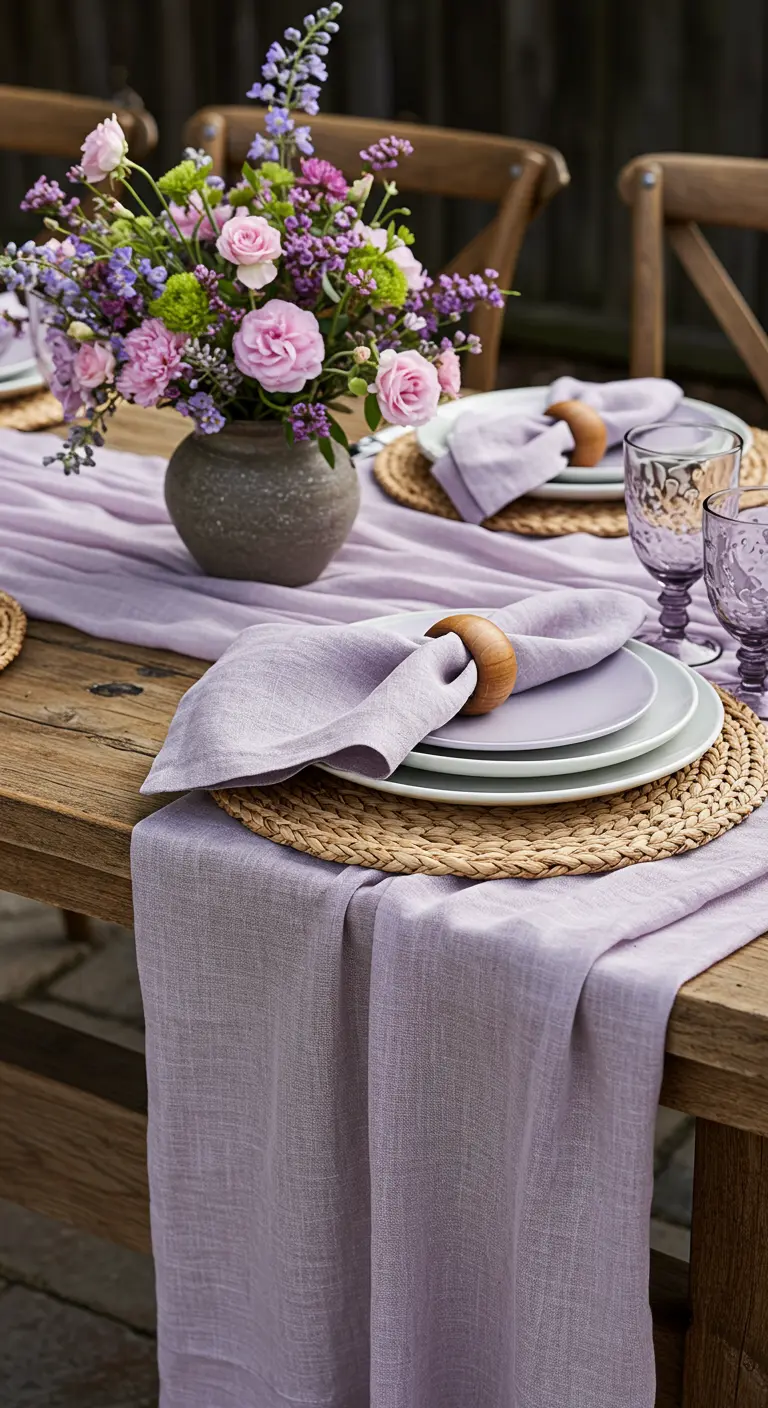Gedekte tafel met lila linnen loper, geweven placemats en een boeket.