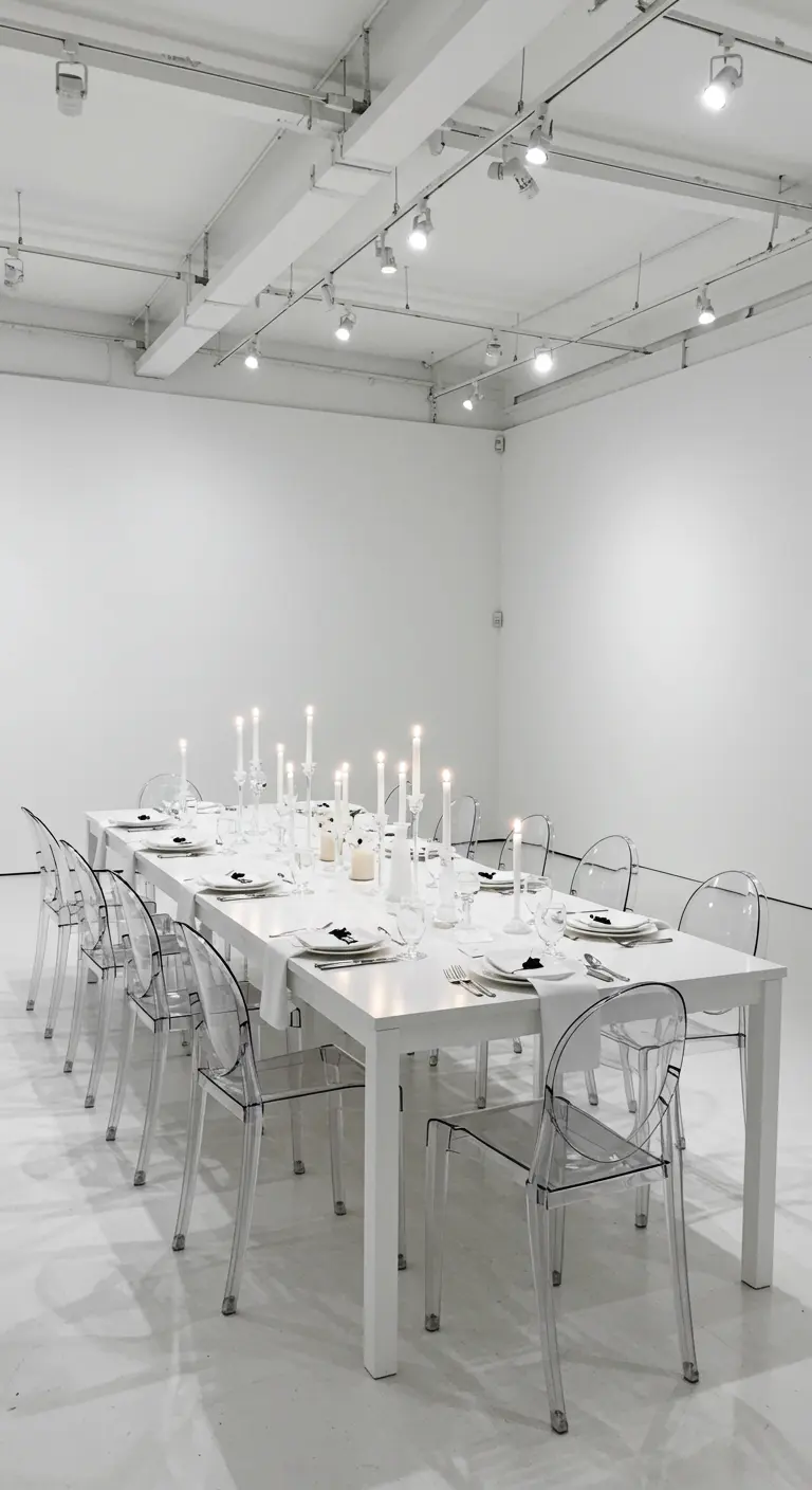 Moderne, volledig witte eetzaal met een lange tafel, transparante stoelen en veel kaarsen.