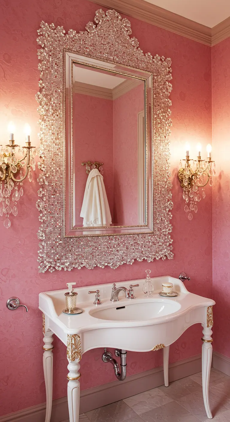Roze badkamer met een grote spiegel omlijst door schitterende kristallen mozaïektegels.