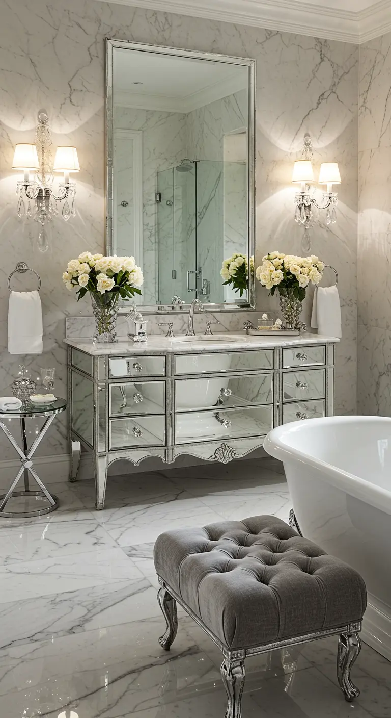 Glamoureuze badkamer met wit marmer, een groot spiegelmeubel en kristallen wandlampen.