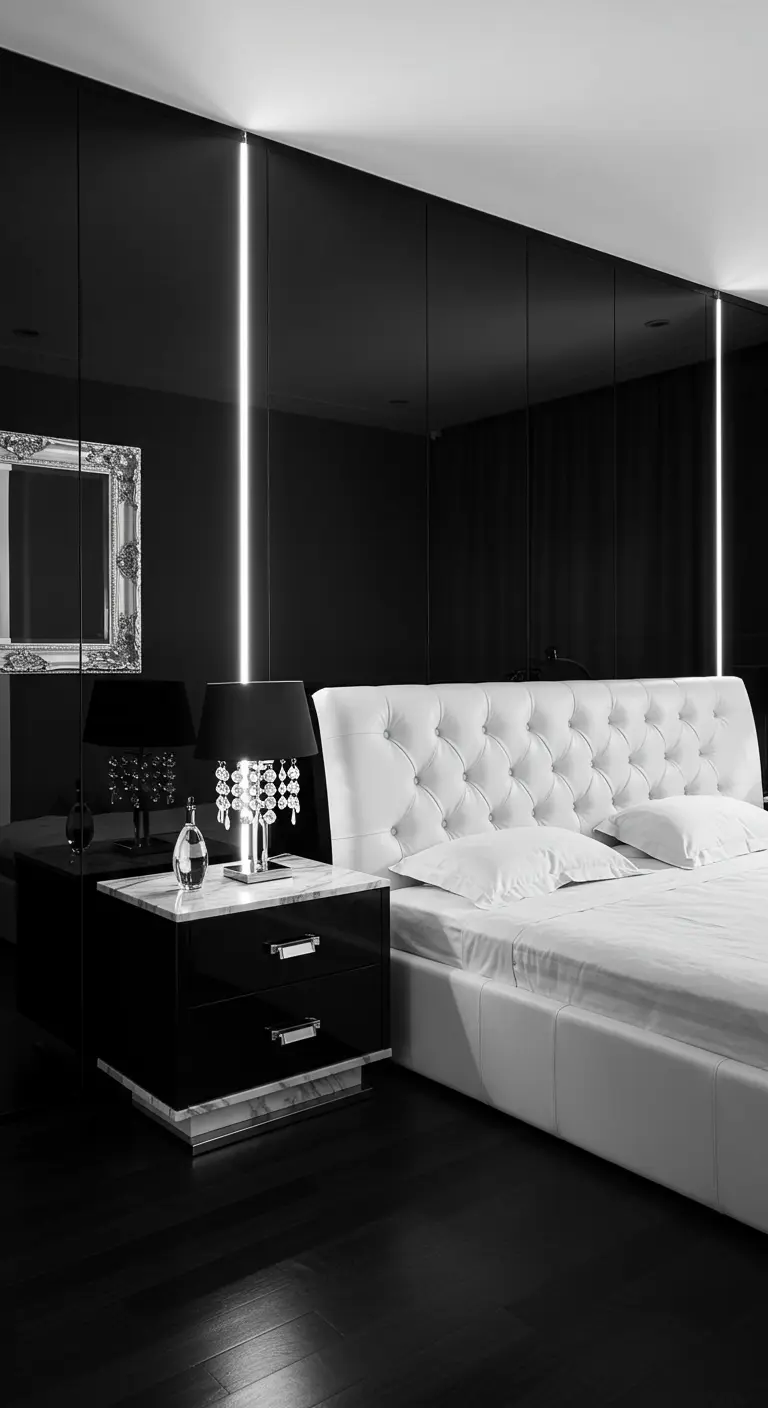Slaapkamer met spiegelende zwarte wanden, wit gestoffeerd bed en een klassieke bedlamp.