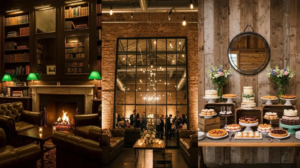 Spiegels als stijlvol feestdecor: een bibliotheek met spiegels, een grote spiegelwand en een desserttafel met wandspiegel.