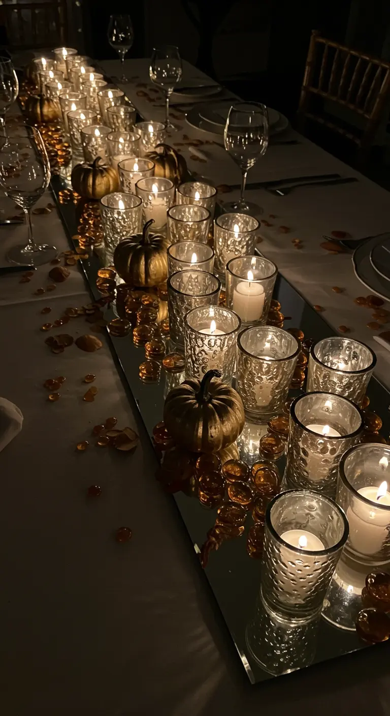 Lange spiegel op een eettafel met tientallen kaarsjes en gouden pompoentjes.