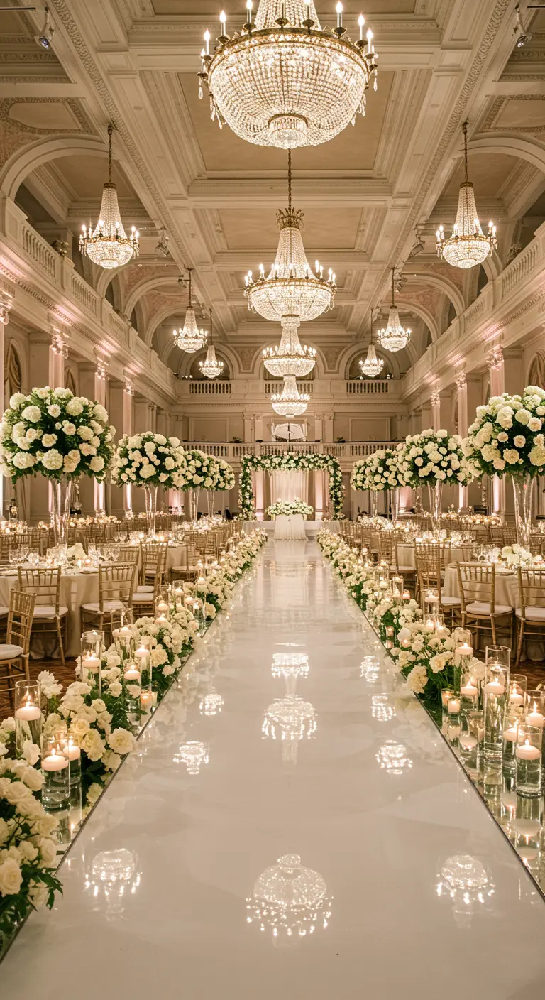 Klassieke balzaal met kroonluchters, witte rozen en een spiegelend gangpad voor de ceremonie.