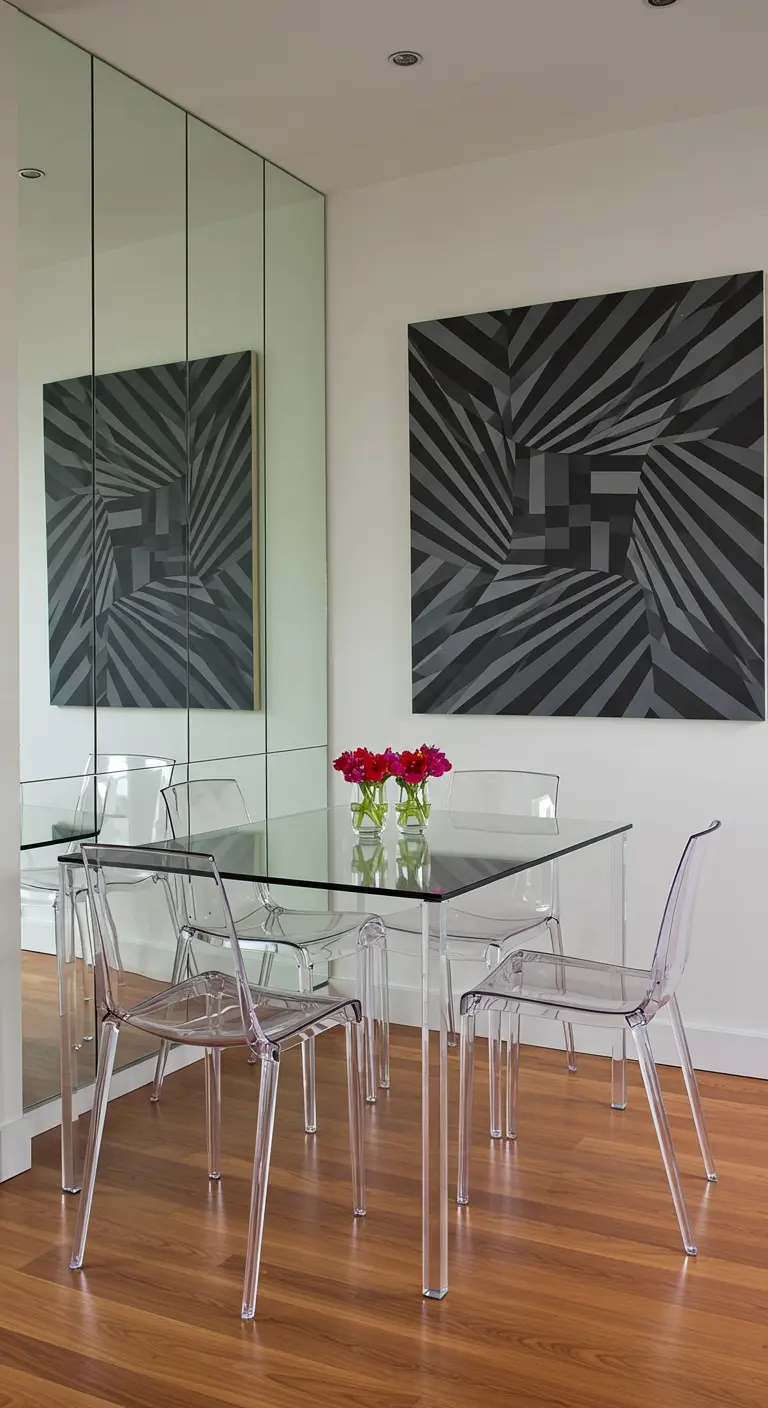 Moderne eetkamer met een grafisch kunstwerk en een grote spiegelwand ernaast.