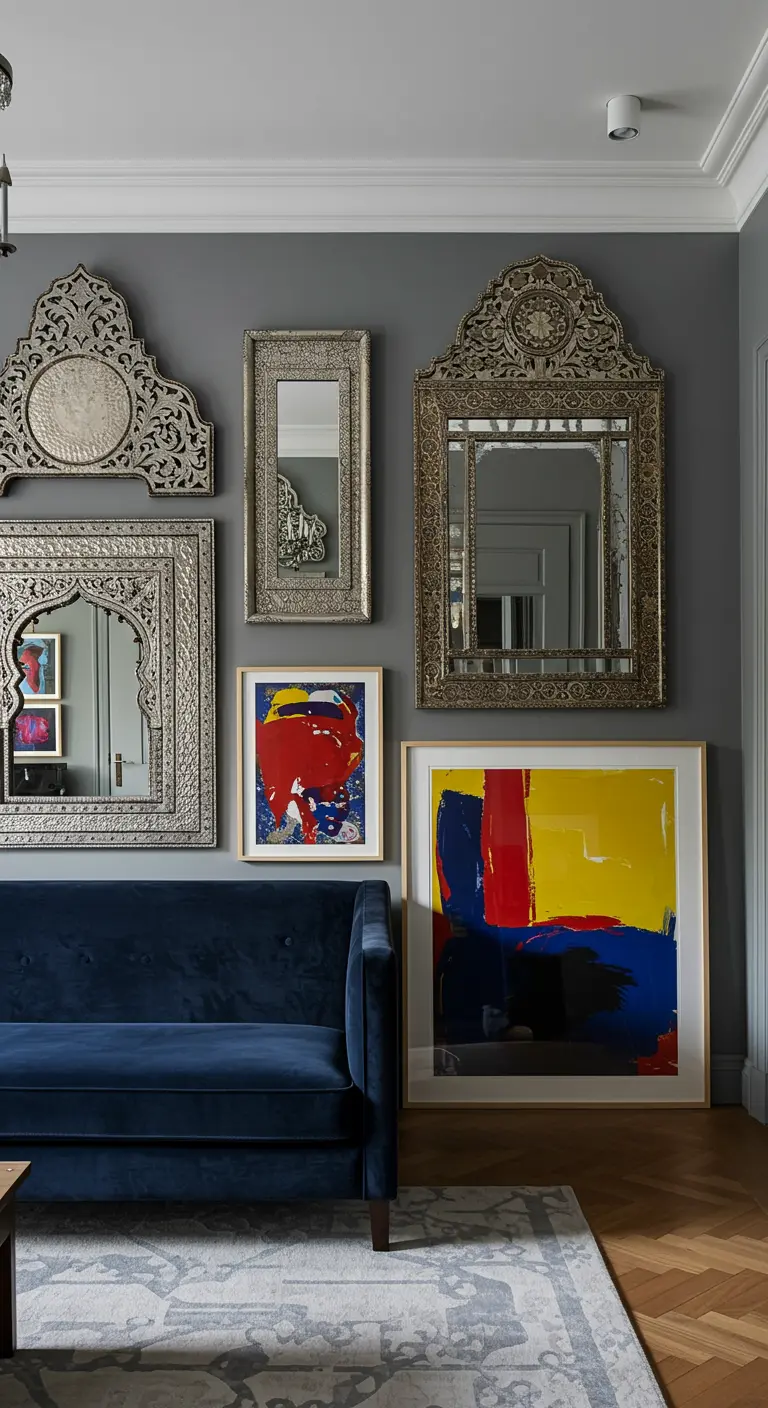 Muur met diverse sierlijke Marokkaanse spiegels en abstracte kunstwerken boven een bank.